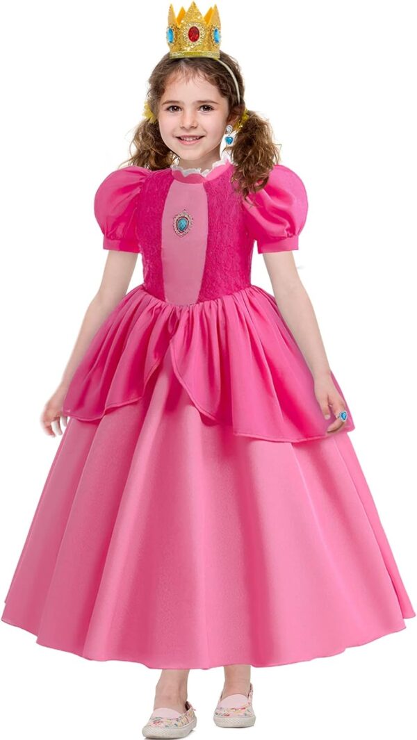 VORLITS Princess Peach Costume Dress For Kids Princess Daisy Dress Girls Puff Sleeve Cosplay Dress Up - Image 4