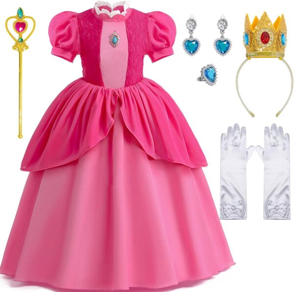 VORLITS Princess Peach Costume Dress For Kids Princess Daisy Dress Girls Puff Sleeve Cosplay Dress Up