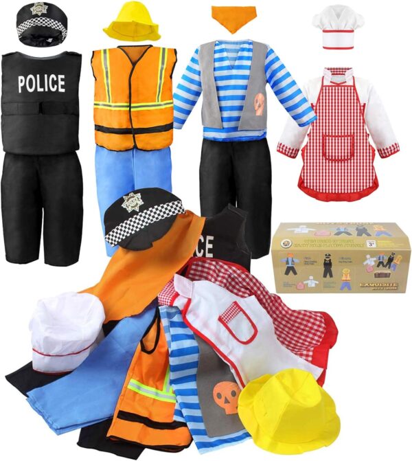 Jeowoqao Boy's Dress Up Costumes Set, Role Play Set 11-pcs Trunk Pirate, Chef, Construction Worker, Policeman Costume Fit Kids Girls Age from 3-6