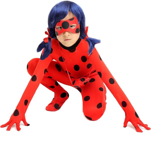 Kids Spandex Cosplay Jumpsuit Halloween Little Ladybug Costume with wig,Bag Eyemask - Image 3