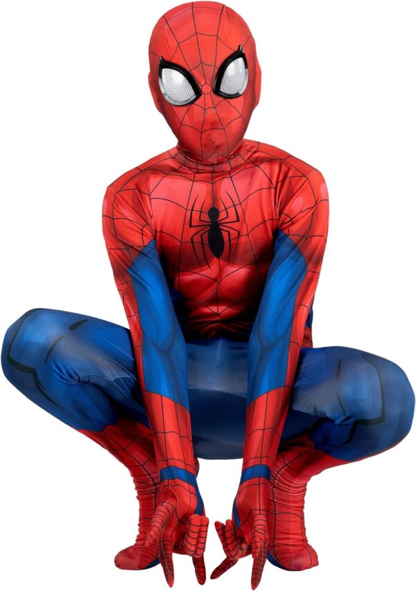 Marvel Spider-Man Official Youth Deluxe Zentai Suit - Spandex Jumpsuit with Printed Design and Detachable Spandex Mask and Plastic Eyes