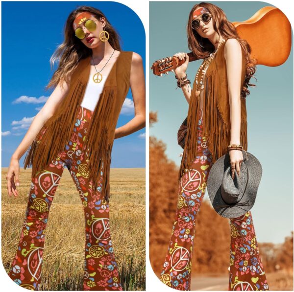 Haull 7 Pcs 60s 70s Outfits for Women Hippie Costume Set Boho Flared Pants Fringe Vest Peace Sign Accessories Set - Image 5