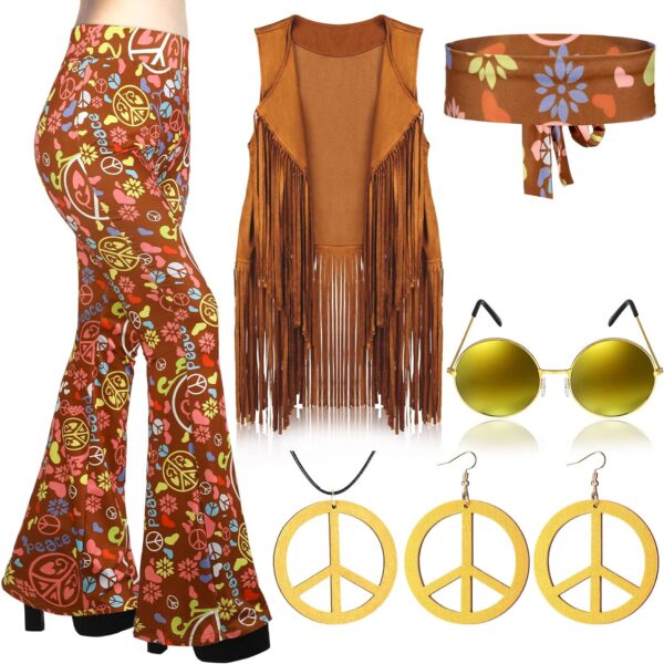 Haull 7 Pcs 60s 70s Outfits for Women Hippie Costume Set Boho Flared Pants Fringe Vest Peace Sign Accessories Set