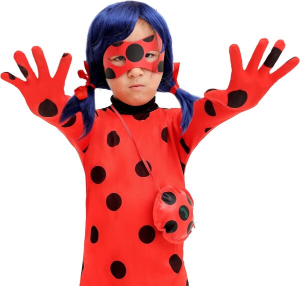 Kids Spandex Cosplay Jumpsuit Halloween Little Ladybug Costume with wig,Bag Eyemask - Image 5