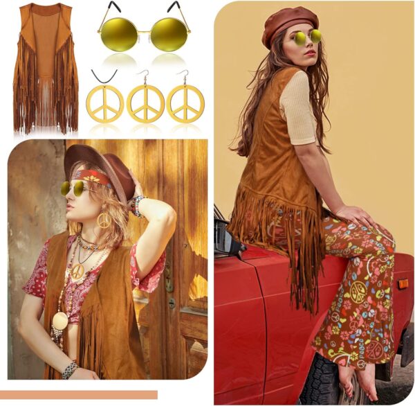 Haull 7 Pcs 60s 70s Outfits for Women Hippie Costume Set Boho Flared Pants Fringe Vest Peace Sign Accessories Set - Image 6